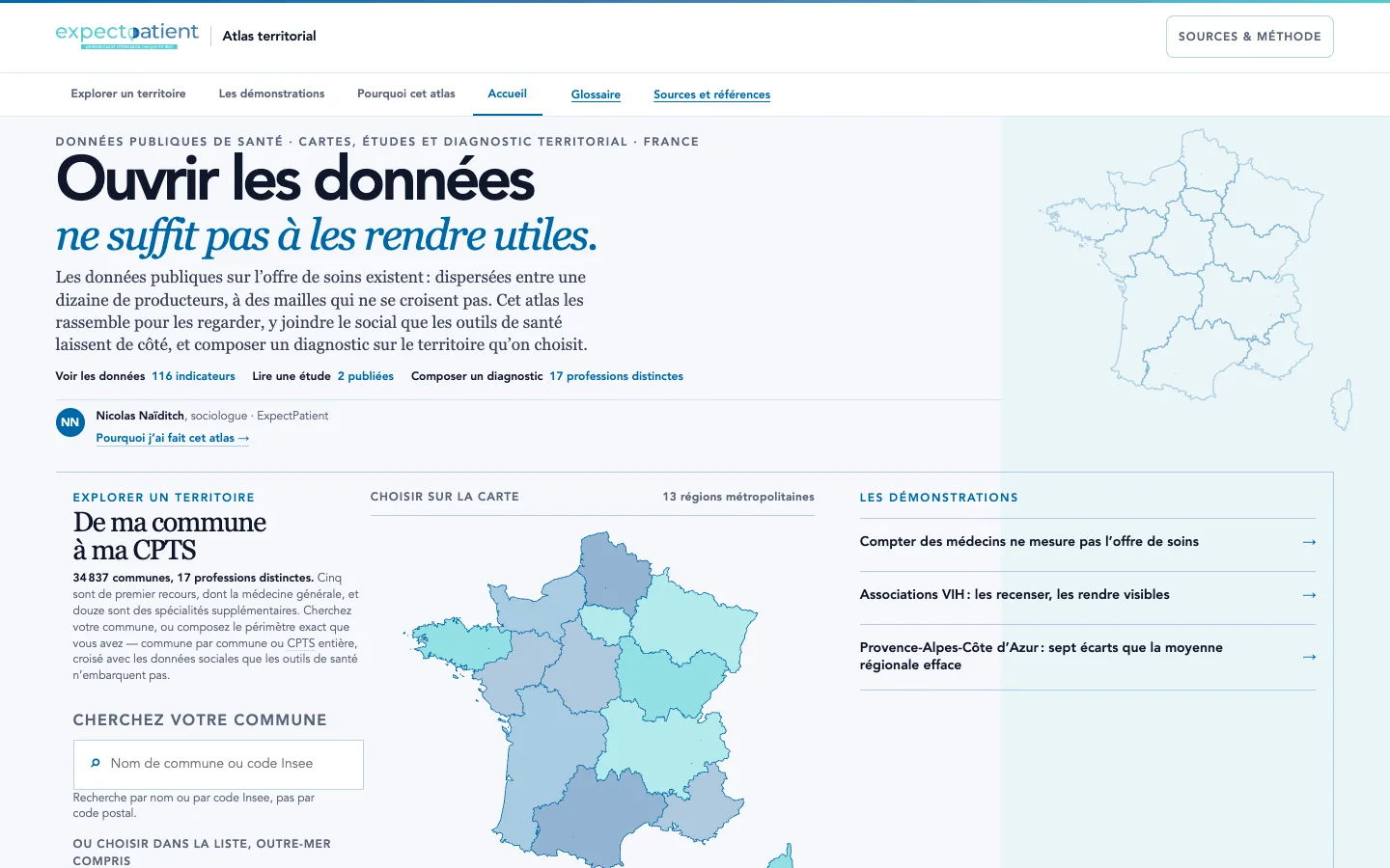 L'accueil de l'atlas : le titre, la carte de France, les trois entrées