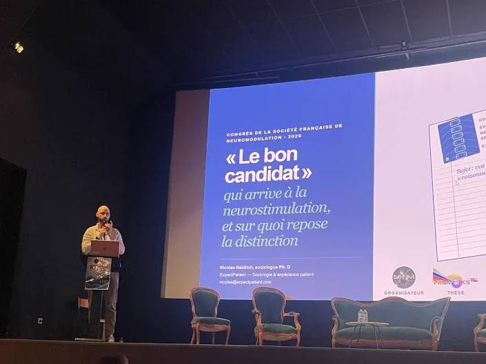 Nicolas Naïditch présentant « Le bon candidat » au congrès de la Société Française de Neuromodulation